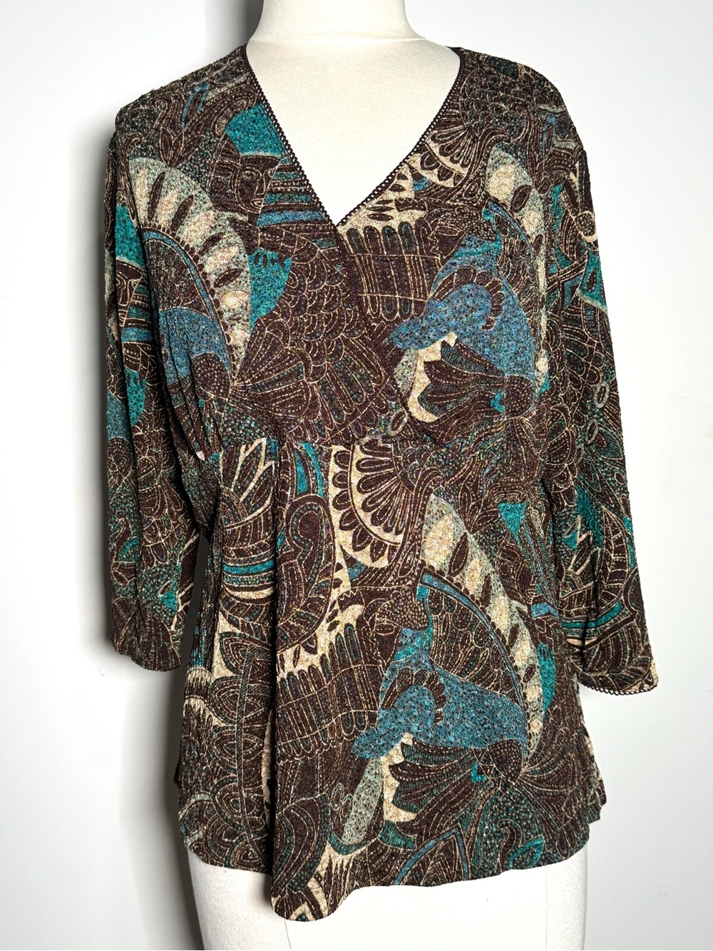 East 5th Woman 1X Brown Teal Paisley Top Earthy Casual Stretchy 3/4 sleeves